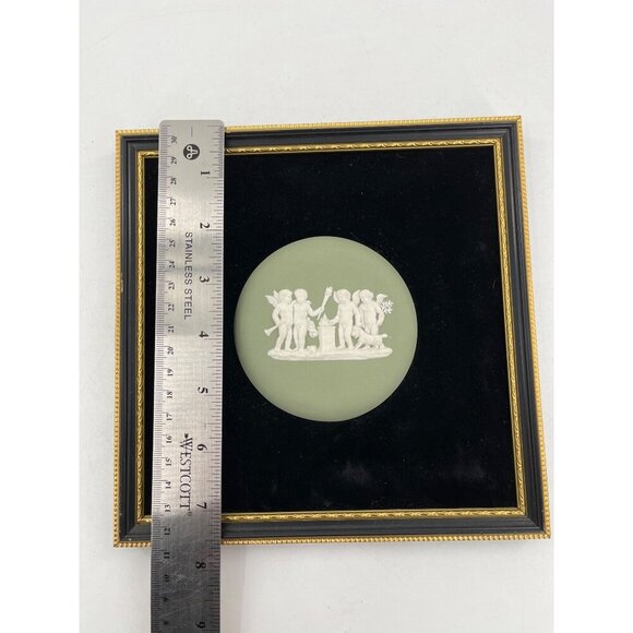 Wedgwood Green Jasperware Framed Dancing Hours Plaque  2 Cherubs Putti Plaques - Picture 4 of 16
